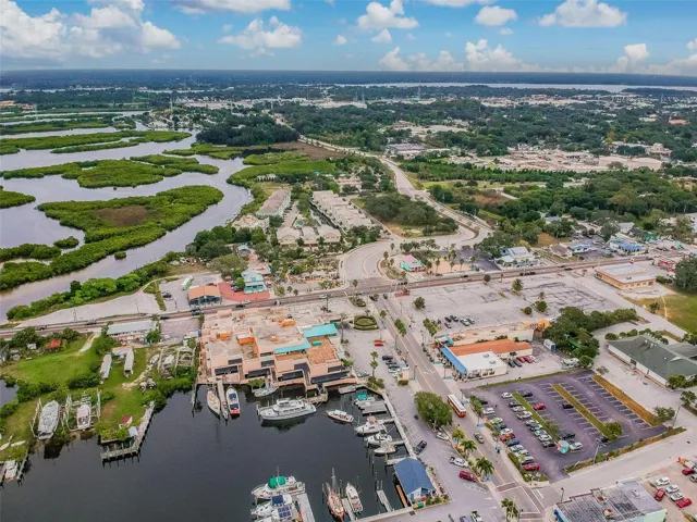 Aerial view of historical Tarpon Springs Sponge Docks.