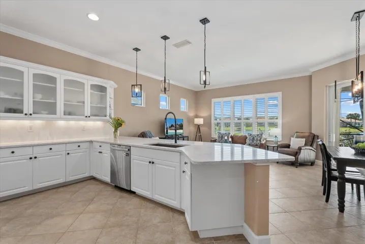 Kitchen open to the family room and dining room