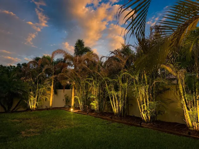 Landscape lighting throughout the yard.