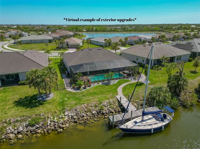 AI exterior upgrades example with ai screened in pool with path to a docked sailboat.