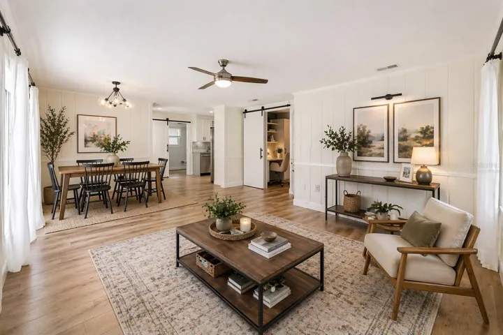 Virtually staged living and dining space