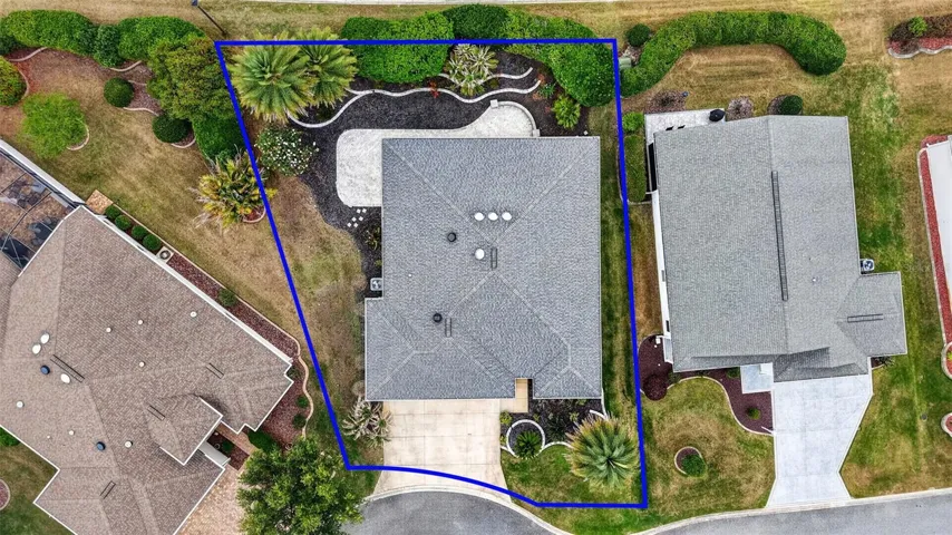 Aerial Front Elevation with Property Lines, REAR HARDSCAPING,  and PRIVACY LANDSCAPING