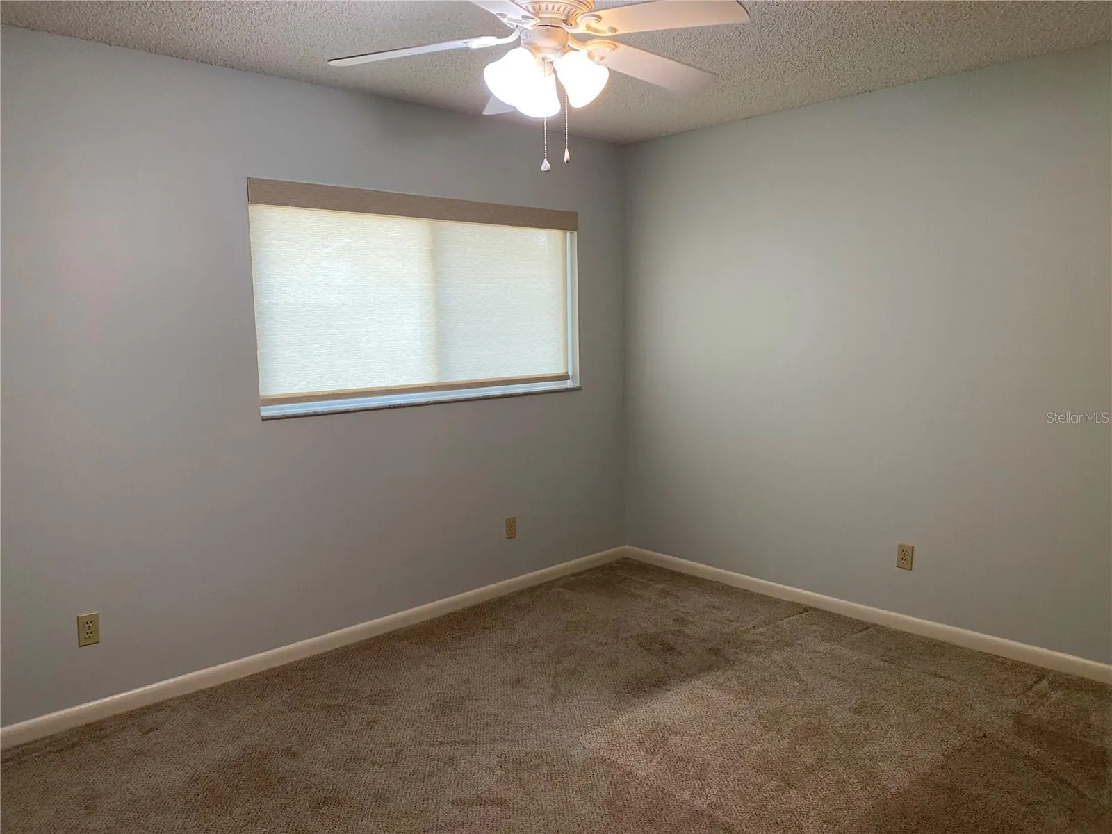 2nd bedroom carpet, ceiling fan large window