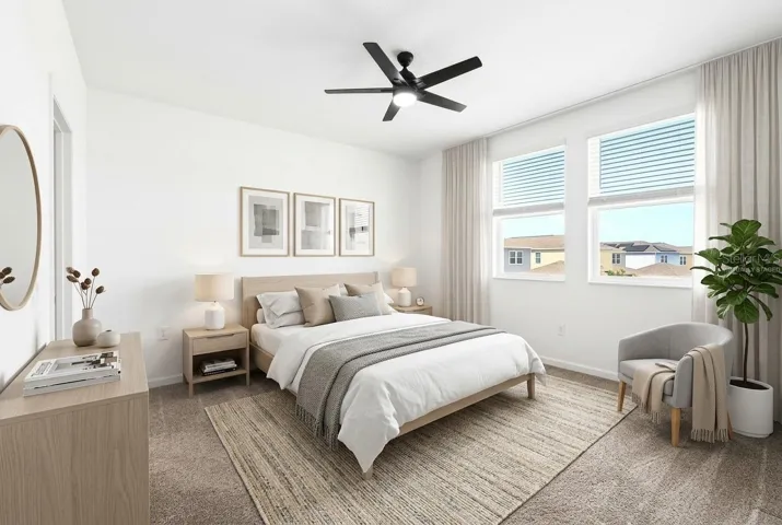 Upstairs, the Primary Suite offers a relaxing retreat, complete with a walk-in closet featuring CUSTOM STORAGE and an en suite bath. Virtually Staged