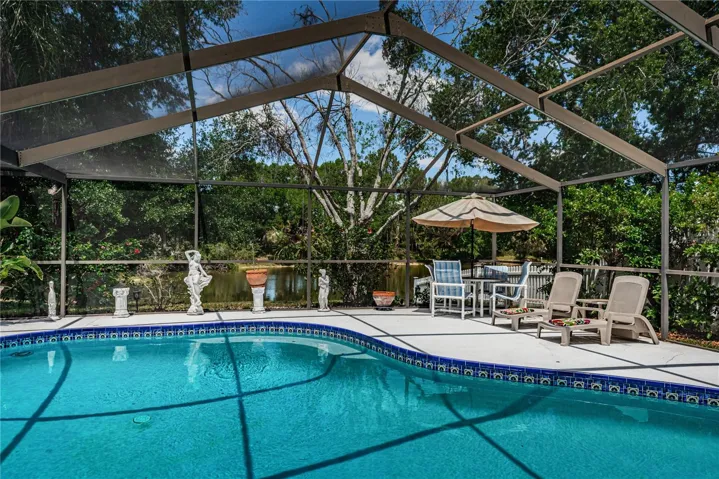 Gorgeous pool area overlooking a pond teaming with bird life.
