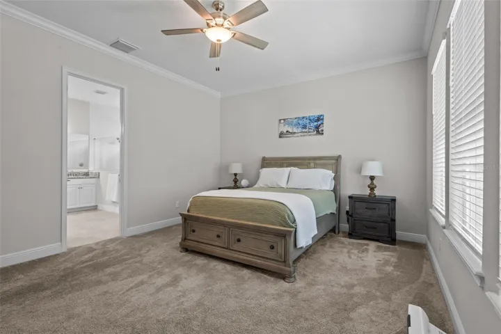 Spacious primary bedroom with high ceilings and peaceful wooded views.