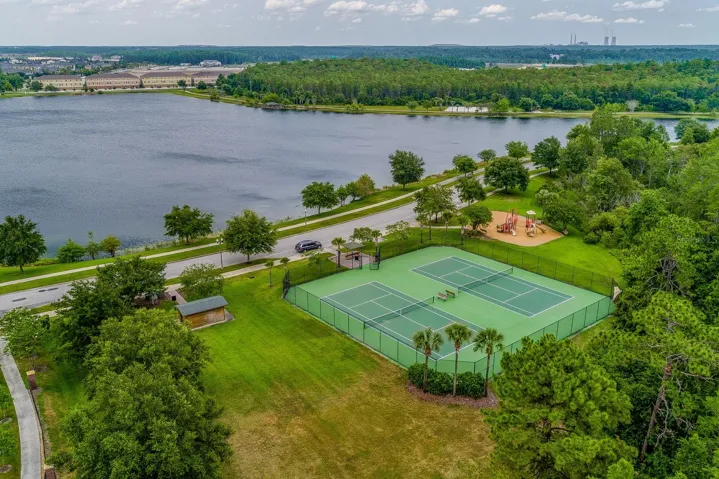 Aerial view of the sports courts and playground.