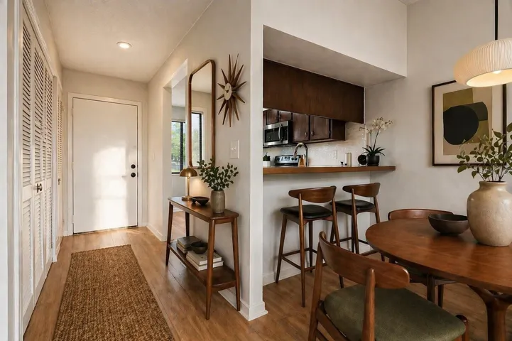 Virtually Stage Entryway, Breakfast Nook and Dining Area.