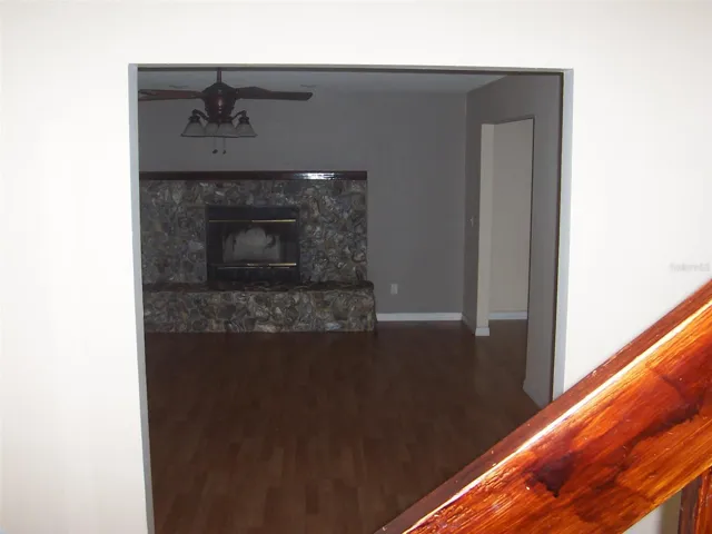 Show casing fireplace from the stairs.