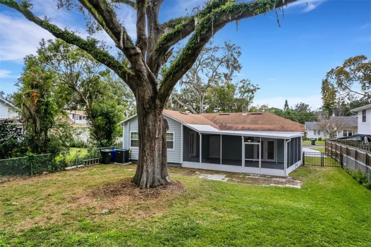 A large, fenced backyard and shade tree.