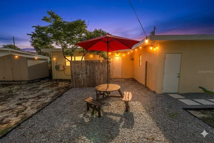 Courtyard lite up at night.