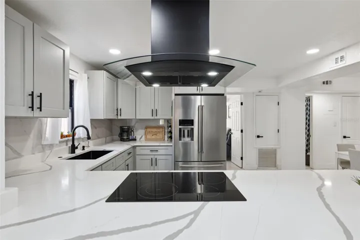 Quartz countertops and hood vent