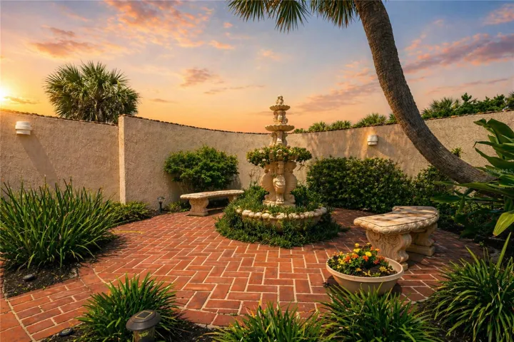 Serene courtyard at golden hour.