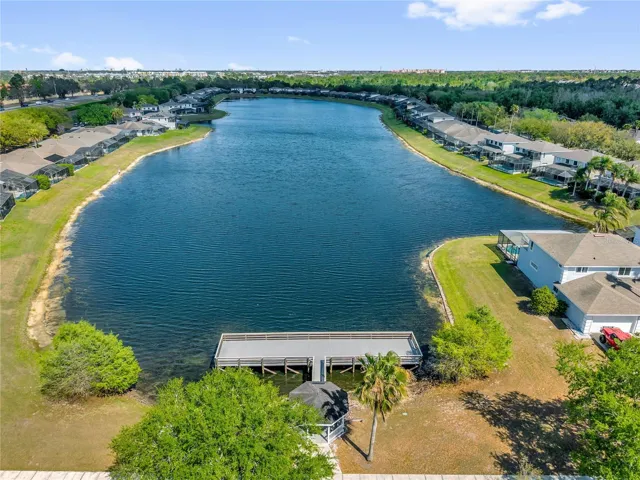Aerial view of lakefront community with dock and surrounding homes near Disney