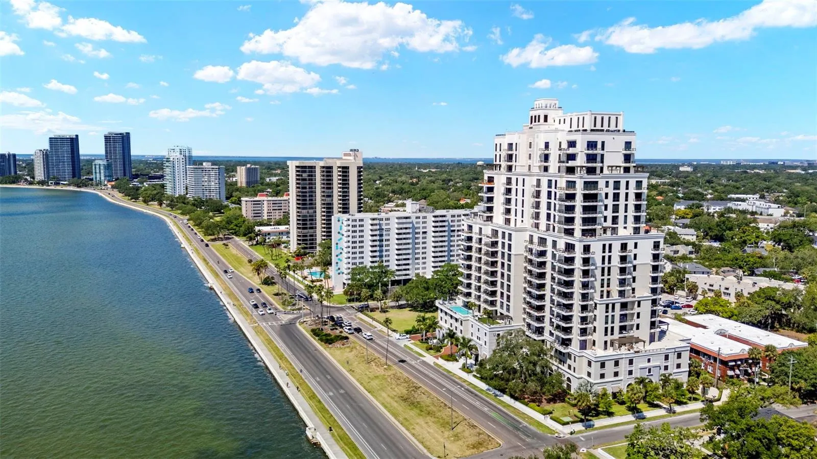 Drone image of building and Bayshore Blvd