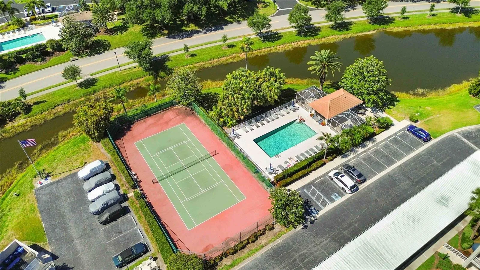 Aerial Shot with Clubside Pool and Tennis Courts