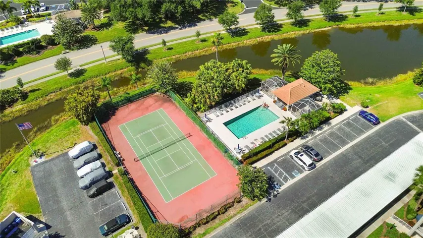 Aerial Shot with Clubside Pool and Tennis Courts