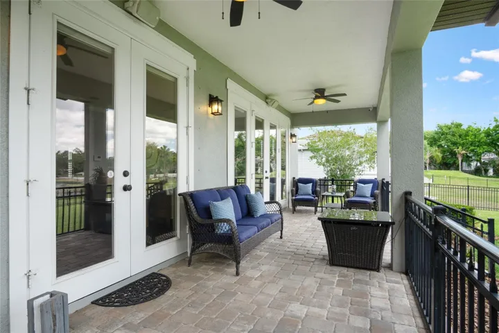 A view of the French doors going into the kitchen and living room.