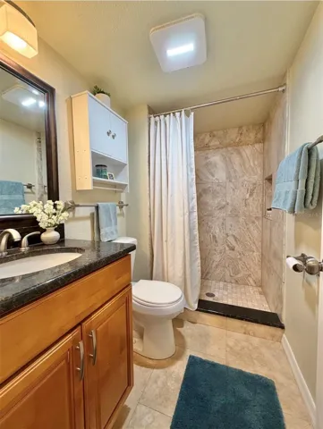 The second bathroom features a floor-to-ceiling tiled walk-in shower with a niche, granite countertop, a storage vanity, new satin nickel fixtures, a storage cabinet above the toilet, and updated lighting.