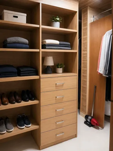 Modern Cedar wood closet with organized shelving.