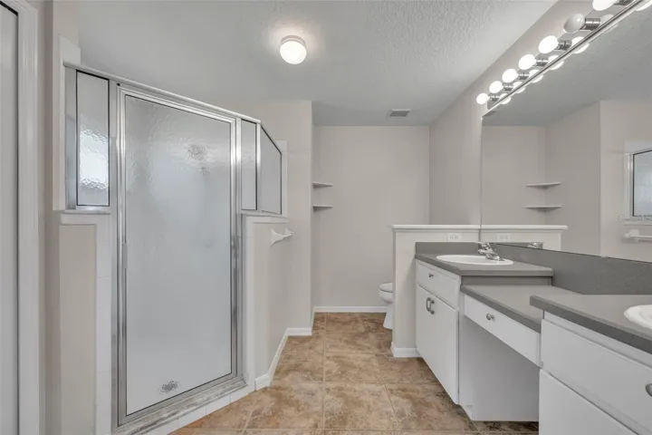 Primary bathroom with dual sinks and vanity
