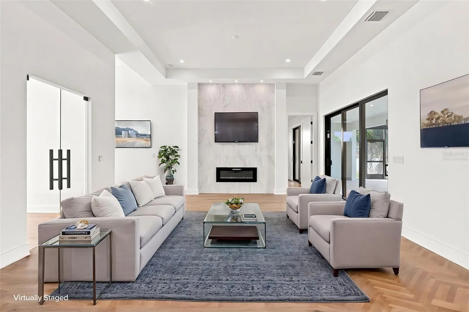 Virtually Staged Open Living Area Framed with Lake Views