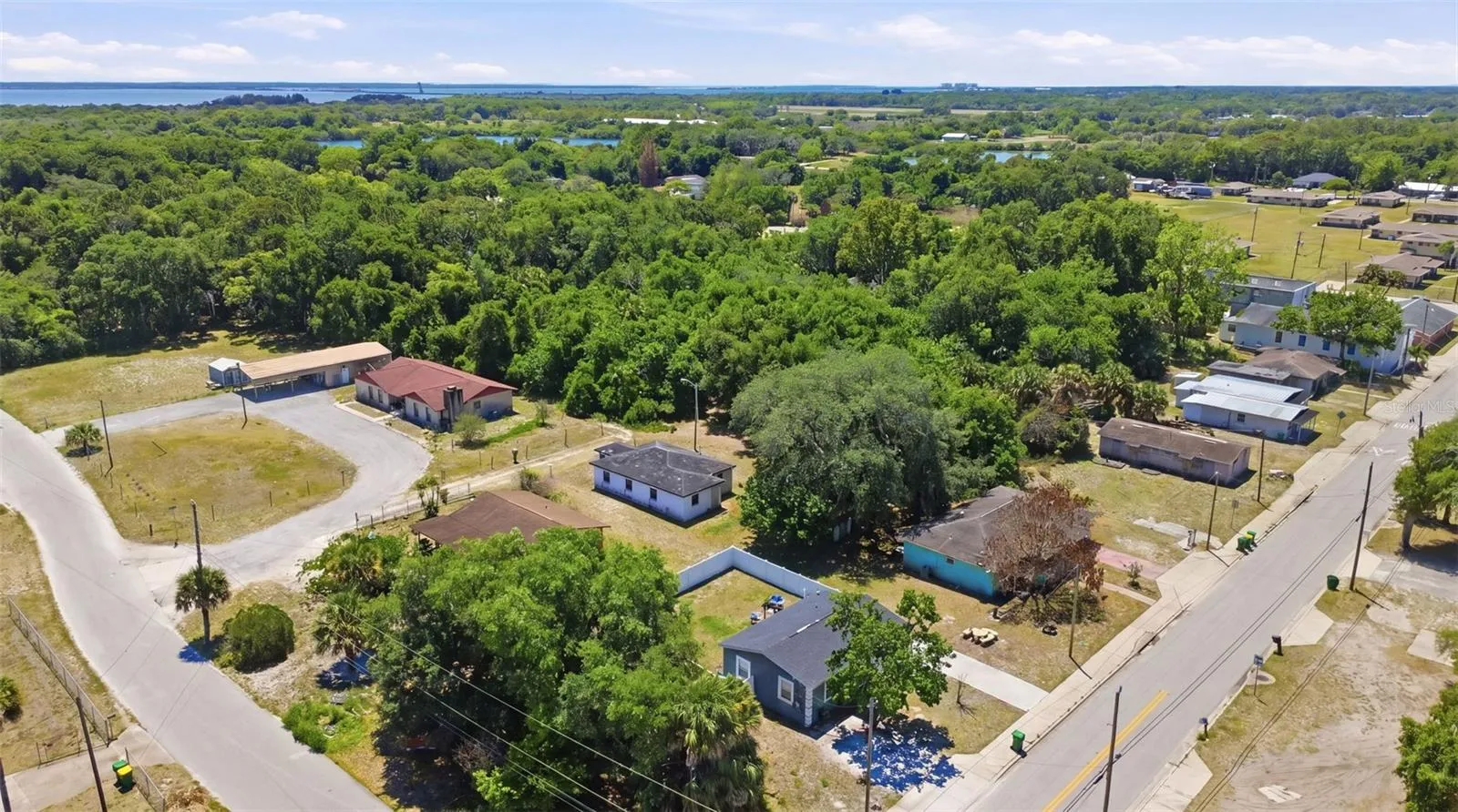 Aerial view of property area.