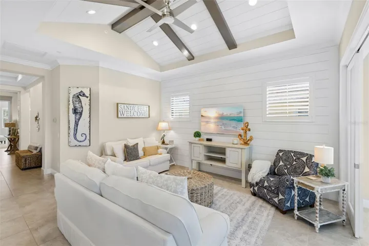 Living room with beam ceiling