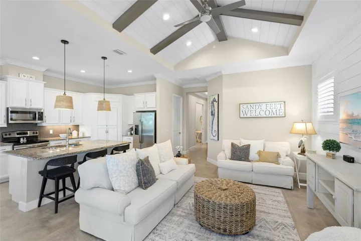 Living room with beam ceiling