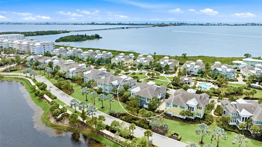 Aerial of building, lagoon and Anna Maria Sound