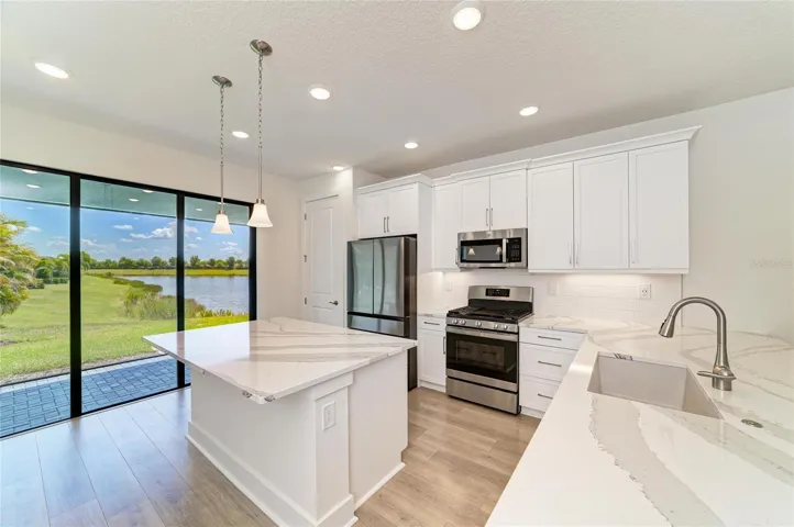 Kitchen with upgraded cabinets and view