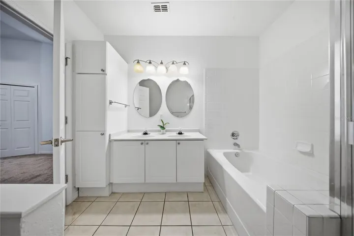 Dual vanity and a large tub