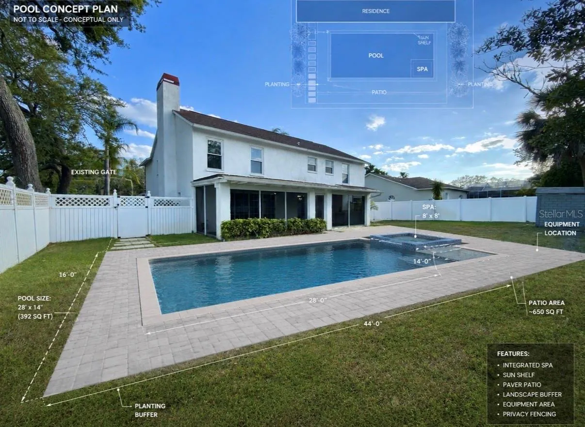 Sprinklers and trees have been moved and the back yard is pool ready- this is conceptual only- the back yard does not currently have a pool.