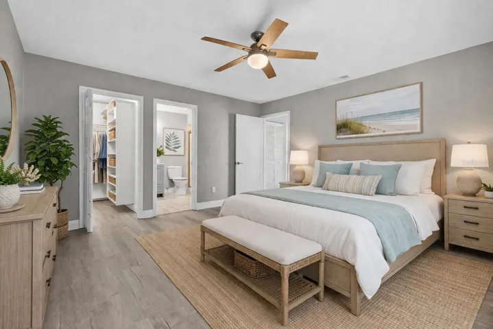 Virtually staged primary bedroom.