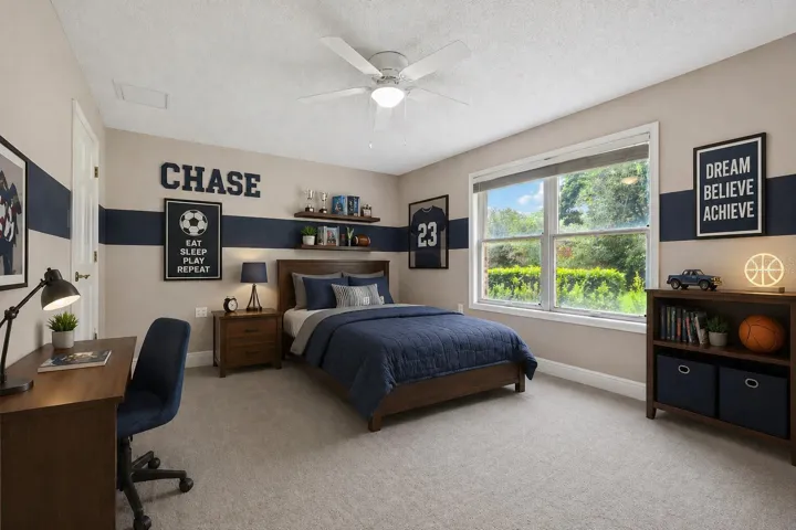 Virtually staged Bedroom 2 with virtual striped paint design