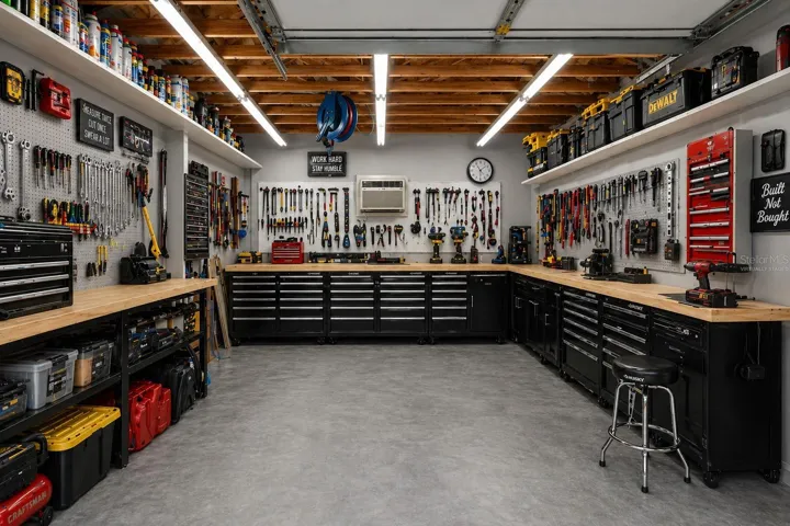 Virtually staged workshop with added drywall and pegboard in grey only depicting what one could do if they wish