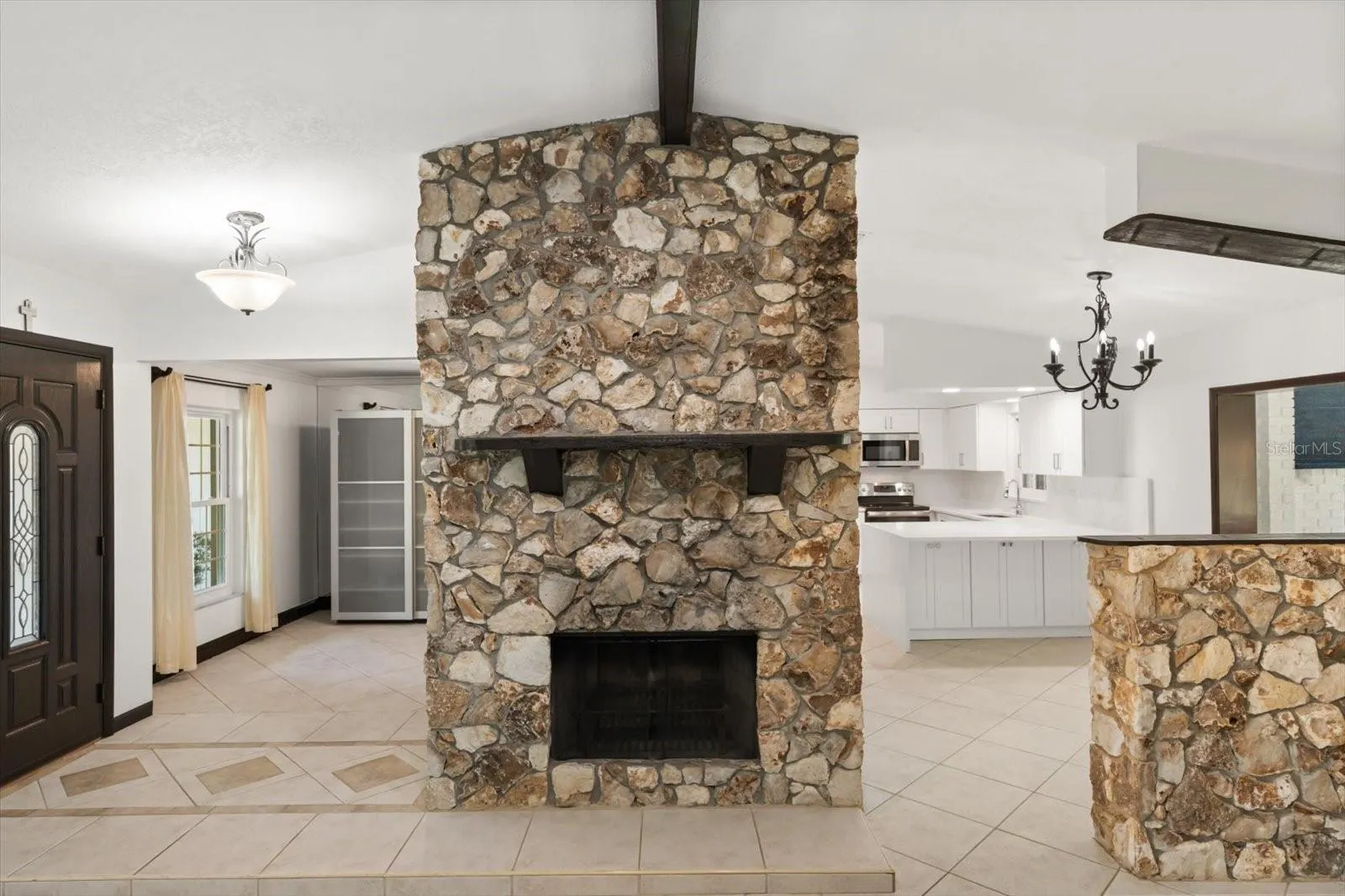 Stone fireplace in living room