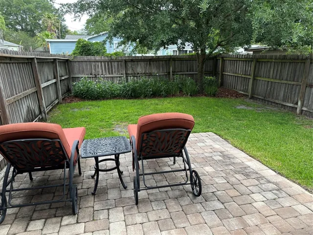 Open patio with privacy fenced yard
