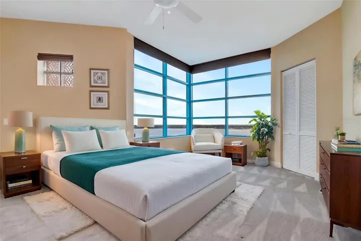 Virtually staged bedroom with intercoastal views