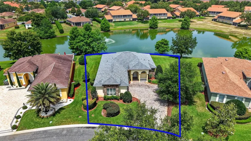 Aerial Front Elevation with Property Lines and Water Views
