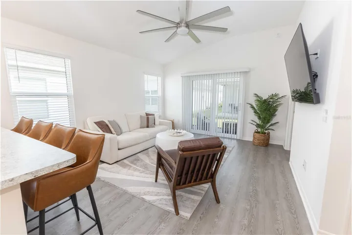 Living area overlooks the rear patio