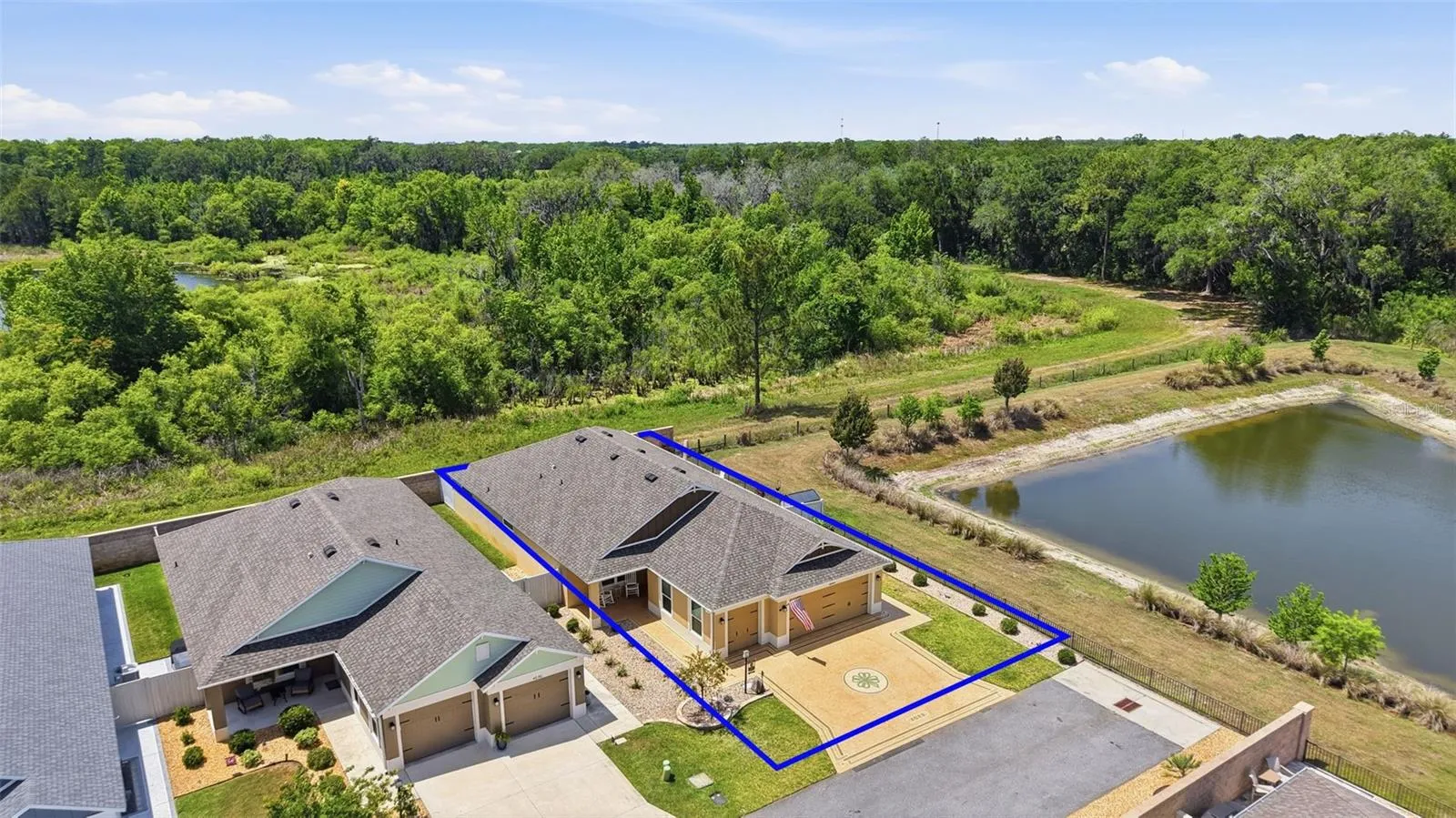 Aerial Front Elevation with Property Lines and WATER and PRESERVE VIEWS!