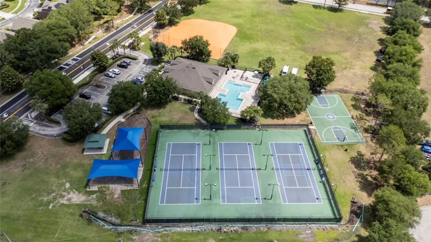 Community tennis courts, pool, basketball court, and baseball field