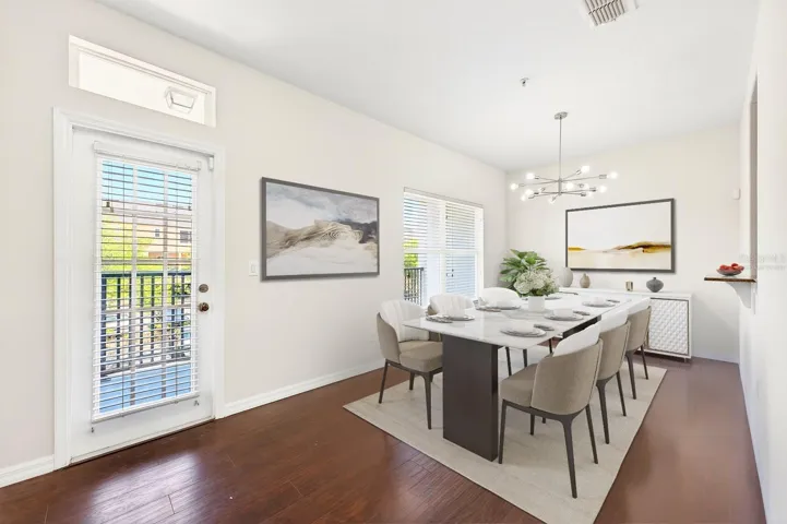 A bright and efficient Dining area provides a comfortable setting for relaxed dining and conversation. Virtually Staged