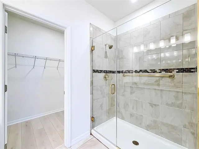 Primary bath step in shower w/ frameless glass door