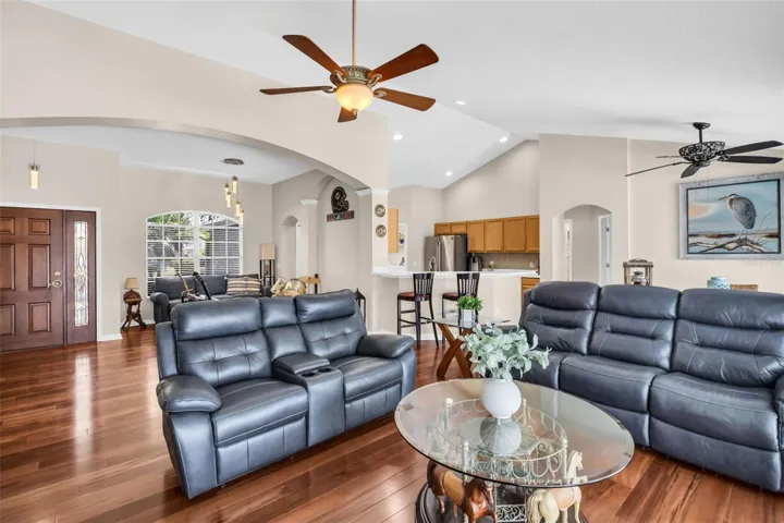 Soaring vaulted ceilings & open main living~