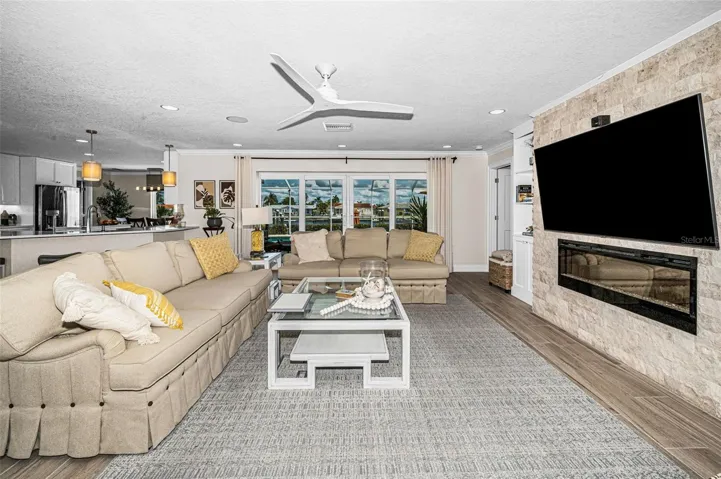 Living room view and fireplace