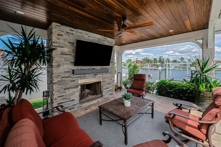 cabana with wood burning fireplace
