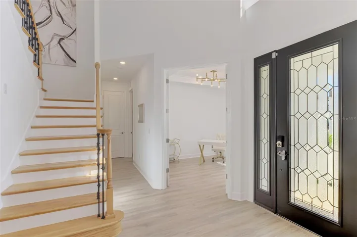 Stairs with view into the office