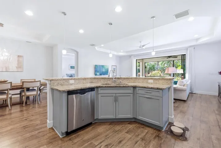 Kitchen, dining room, living room